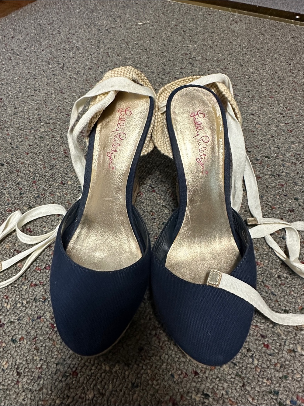 Lilly Pulitzer Navy Canvas Espadrille Wedge Slingbacks with Cream Wrap Ties
